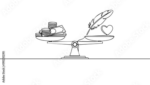 Line Art Illustration of a Balance Scale Weighing Money Against a Feather and a Heart Symbolizing Values