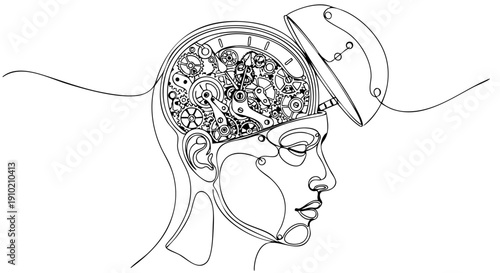 Profile view of a human head with an open skull revealing intricate clockwork gears, a metaphor for thought processes in a continuous Line Art style