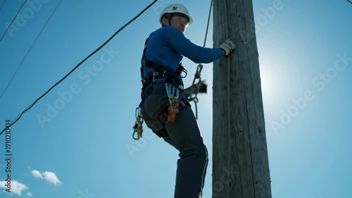 Skilled electrician full safety gear expertly climbs utility pole perform essential maintenance electrical cables showcasing importance safety professional training utility industry
