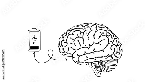 Conceptual Line Art Of Brain Power And Mind Recharge With A Battery Icon Illustration