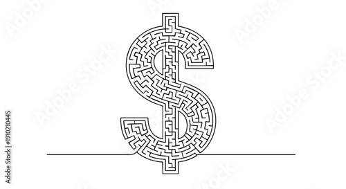 A white line art maze forming a dollar sign on a white background