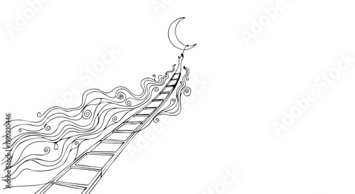 Dreamlike Line Art illustration of a ladder ascending towards a crescent moon, surrounded by flowing ethereal patterns, symbolizing reaching for aspirations