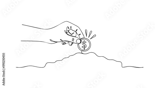 Continuous Line Art of a hand planting a dollar coin with a sprout, symbolizing financial growth and investment
