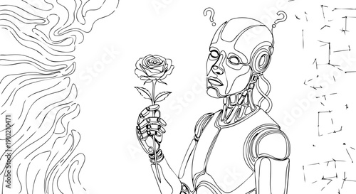 Intriguing Line Art A Curious Robot's Delicate Holding of a Rose, Pondering the Interplay Between Artificial Intelligence and the Organic World