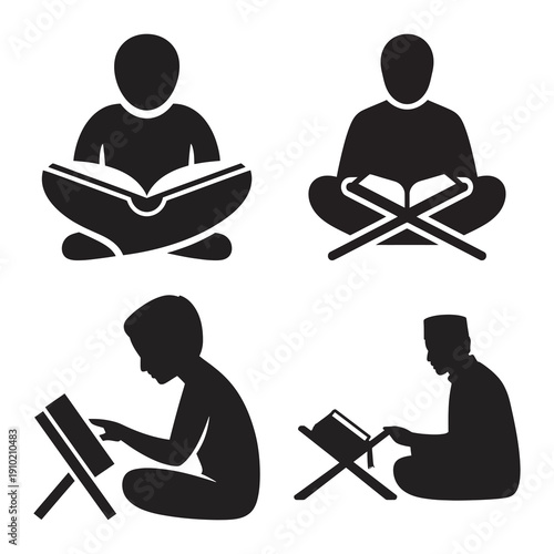 A set of four black silhouette icons depicting individuals reading a holy book, possibly the quran, in different seated positions.
