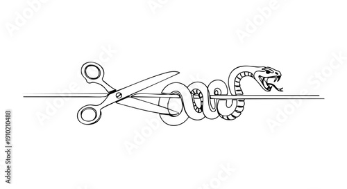 Line Art Illustration of Scissors Cutting a Coiled Snake Entwined Around a Thread, Symbolizing Conflict, Resolution, or Breaking Free from Constraints