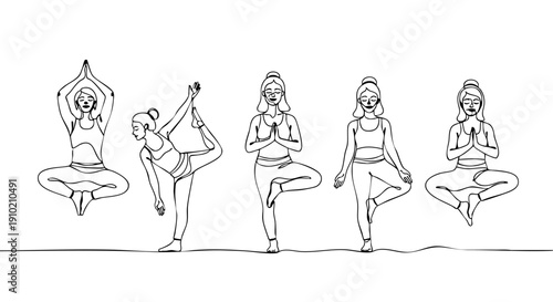 Diverse Line Art Poses of Women Performing Yoga and Meditation