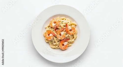 Shrimp Alfredo Pasta on White Plate Ultra-Realistic Overhead Food Photography, Seamless Shadow-Free Studio Background