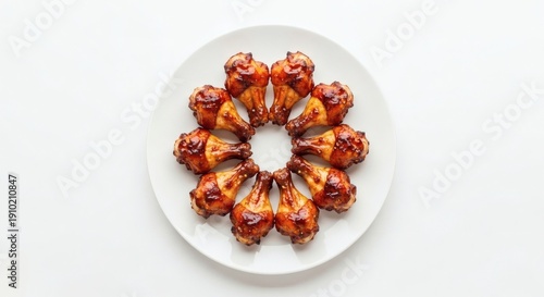 Barbecue Chicken Wings on White Plate Ultra-Realistic Overhead Food Photography, Seamless Shadow-Free Studio Setup