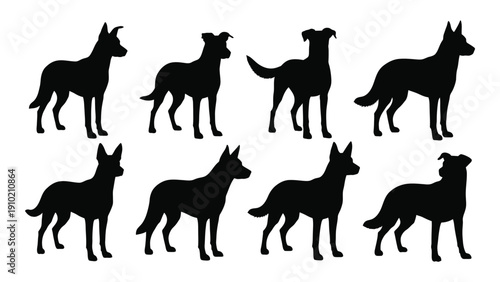 A collection of eight distinct black silhouettes of dogs in various poses. isolated on white background, Vector