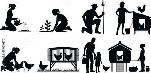 Black and white silhouette illustration set of farmers gardening and raising chickens, rural agriculture lifestyle activities, poultry farming, countryside family work concept