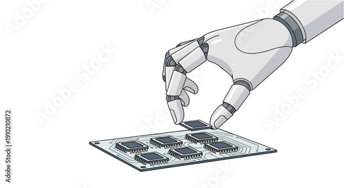 A robotic hand precisely places microchips onto a circuit board, symbolizing advanced manufacturing, artificial intelligence, and technological innovation.