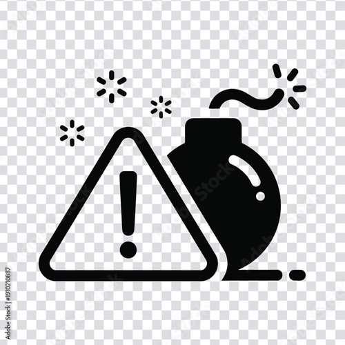 Warning sign with bomb icon and explosion symbols