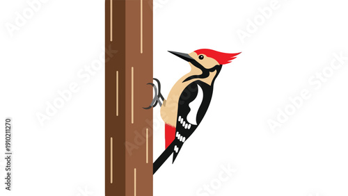 Illustration of a woodpecker clinging to the side of a tree trunk with a white background.