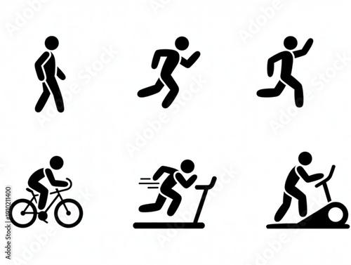 Set of six minimalist fitness icons, featuring stick figures walking, running, cycling, and using gym equipment