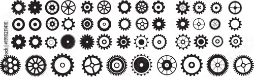 Set of various gear and cogwheel icons in different shapes and sizes on white background