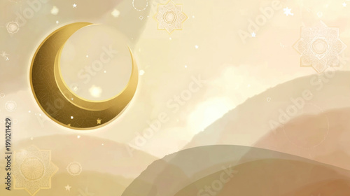 Moon Crescent with Soft Aurora and Geometric Stars