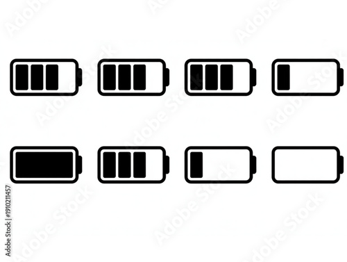Set of eight black and white battery icons, featuring various power levels from empty to full