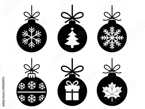 Set of six black and white Christmas ornament icons, featuring festive baubles with holiday season symbols