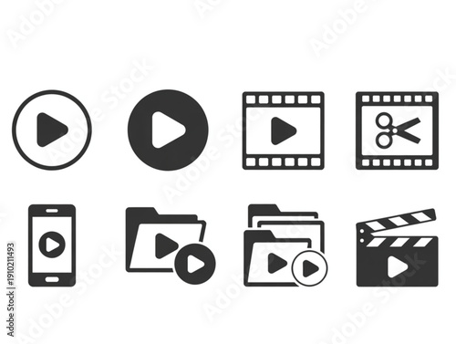 Set of eight black and white video icons, featuring play buttons and movie film production symbols