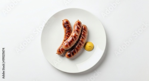 Grilled Sausages with Mustard on White Plate Hyper-Realistic Top View Food Image, Seamless Shadow-Free Studio Background