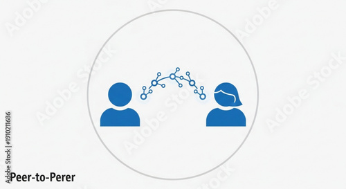 Two blue silhouette people icons with molecular bond graphic for peer to peer networking and communication concept