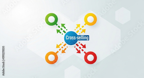 Cross selling strategy concept with colorful arrows and circles on light background