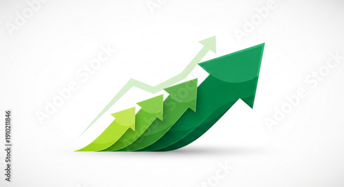 Green arrows rising upward in a growth chart symbolizing progress and success in business and finance with a white background