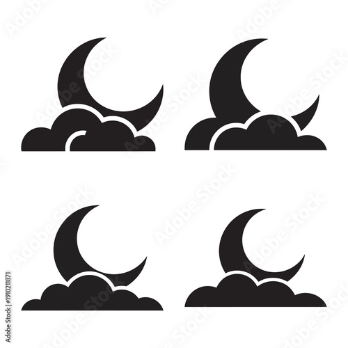 Four minimalist black silhouettes of a crescent moon partially obscured by clouds, presented in a grid format