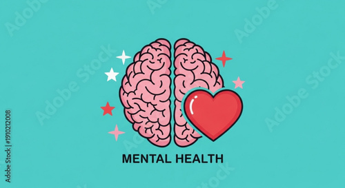 Mental health illustration featuring pink brain with red heart on turquoise background symbolizing care and wellness