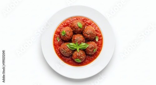 Beef Meatballs with Tomato Sauce on White Plate Professional Overhead Food Photo, Seamless Shadow-Free Studio Background