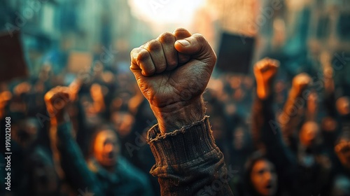 Clenched fist raised above a city crowd of protesters, conveying solidarity, defiance and determination during a public demonstration