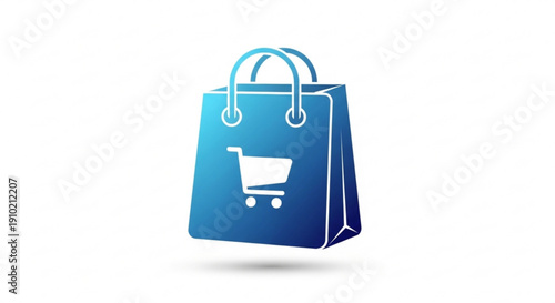 Blue shopping bag with white shopping cart symbol on front e commerce icon