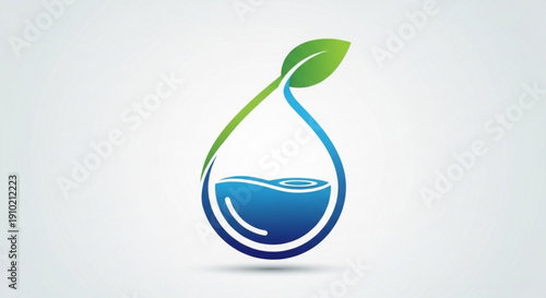 Eco friendly water droplet logo with green leaf on white background symbolizing nature and sustainability