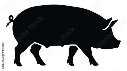 A black silhouette of a pig standing on all fours with a ribbon around its tail isolated on white background, Vector