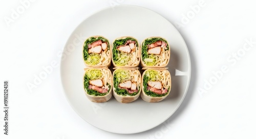 Sliced Chicken Caesar Wrap on White Plate Hyper-Realistic Overhead Food Photography, Seamless Shadow-Free Studio Background