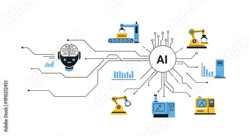 Conceptual illustration depicting artificial intelligence at the core of advanced manufacturing, automation, and robotic systems, showcasing modern industrial innovation.
