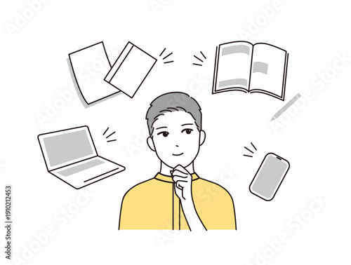ノートパソコンやスマートフォン、本や資料に囲まれながら考え込む男性のイラスト