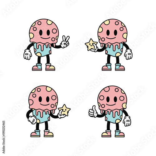 Cartoon donut character set showing peace, approval, and admiration with colorful drips