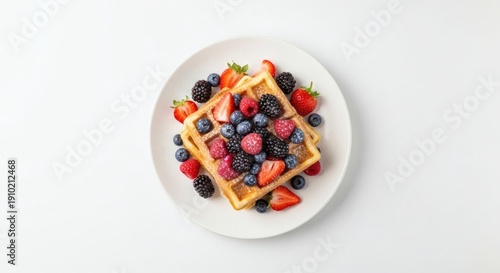 Waffles Topped with Fresh Berries on White Plate Ultra-Realistic Top View Food Photography, Seamless Shadow-Free Studio Background