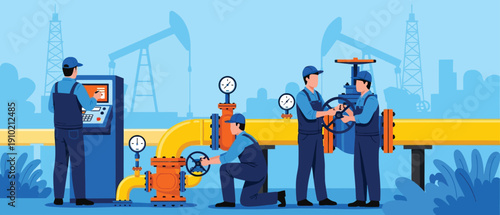 Illustration of four technicians in blue uniforms working on a yellow pipeline, surrounded by gauges and valves, with oil rigs in the background.