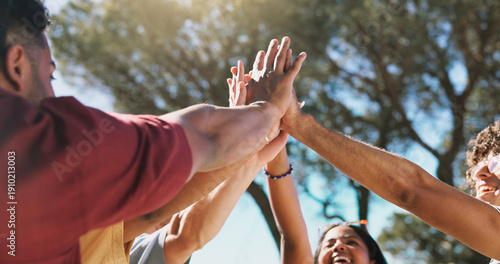 Tableau sur toile Support, hands or friends with high five outdoor for solidarity, unity or community inclusion