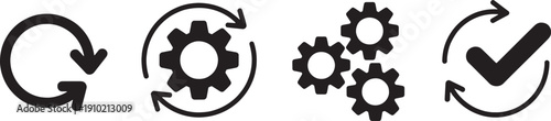 Black gear icons with arrows and checkmark for business workflow optimization