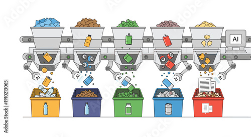 Automated recycling system with AI sorting various waste materials like plastic, glass, and metal into designated bins, illustrating modern waste management.