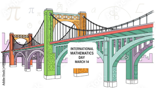 High-quality black outline colorful art of a bridge structure highlighting mathematical symmetry for International Mathematics Day March 14
