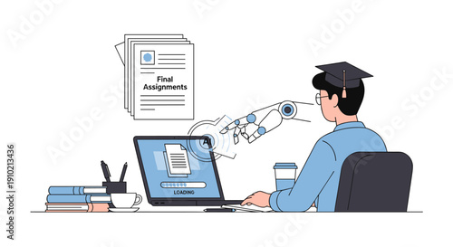 A student in a graduation cap uses a laptop, with a robotic arm assisting, symbolizing AI's role in academic assignments and learning.