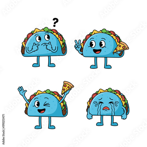 Cartoon tacos with different emotions and gestures, illustration