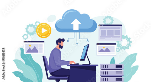 Illustration of a person at a desk with a computer, surrounded by cloud computing symbols and digital images, conveying a tech-focused atmosphere.