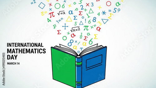 High-quality black outline colorful art of a math book opening into floating symbols for International Mathematics Day March 14