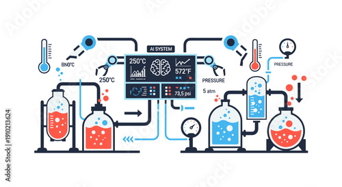 An intricate scientific experiment setup with various beakers, tubes, and robotic arms, illustrating a complex laboratory process.